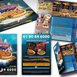 Carte menu, flyer et packaging de l'américaine (pizza Koudou)