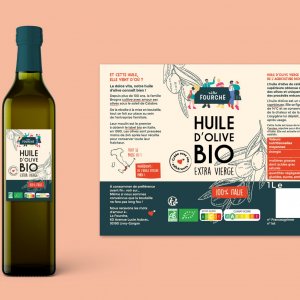 Logo et packaging pour une bouteille d'huile d'olive La Fourche